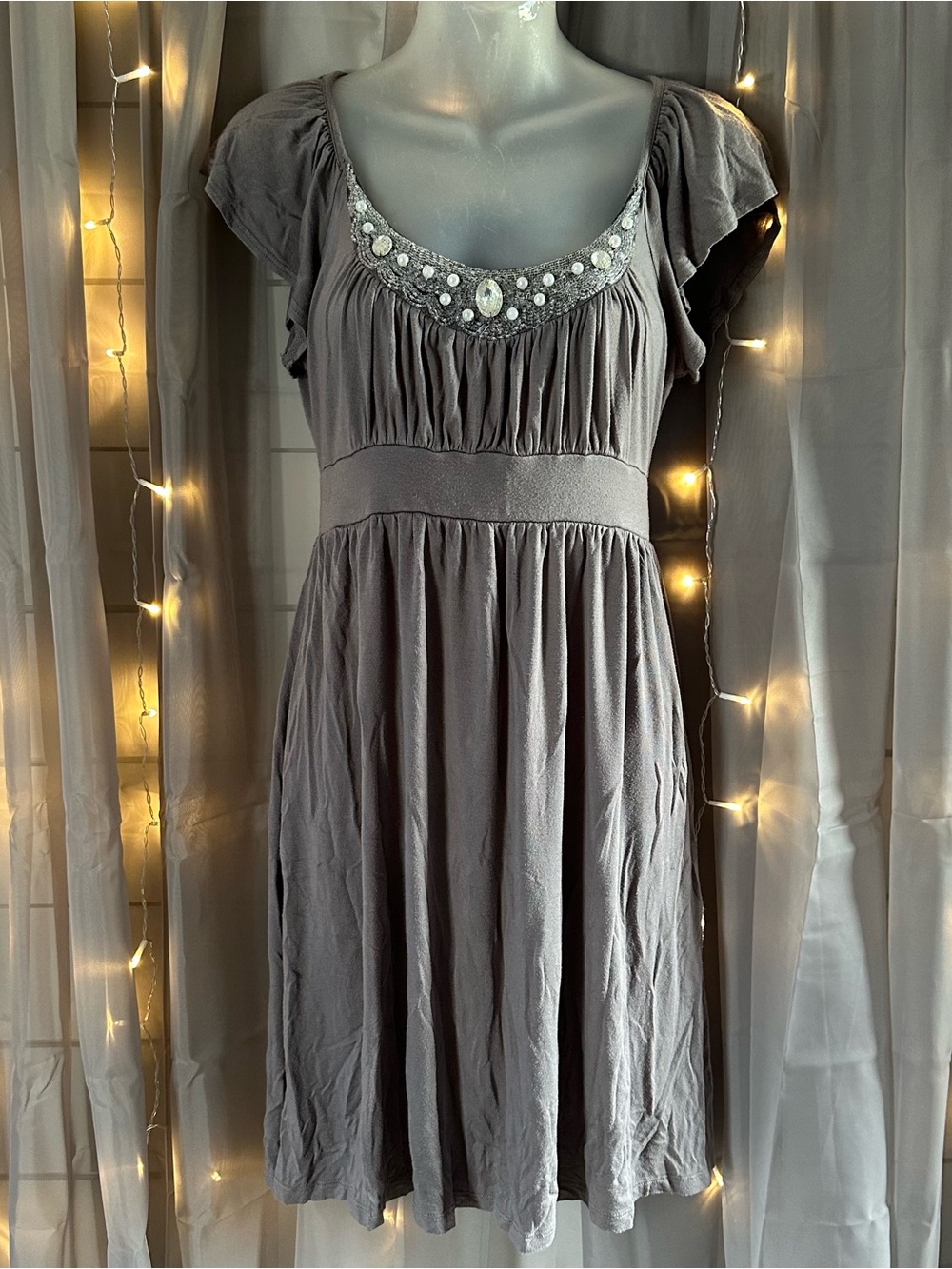 Y2K grey soprano baby doll dress beaded neckline sz S/M